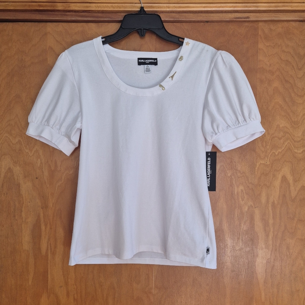 Karl Lagerfeld Paris Short Puff Sleeve White Top, size S